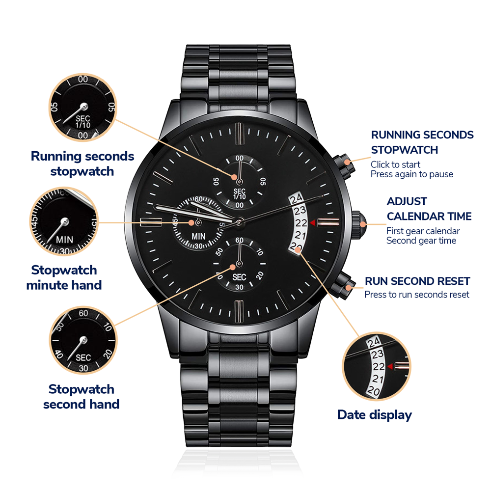 Black Chronograph Watch with Engraving