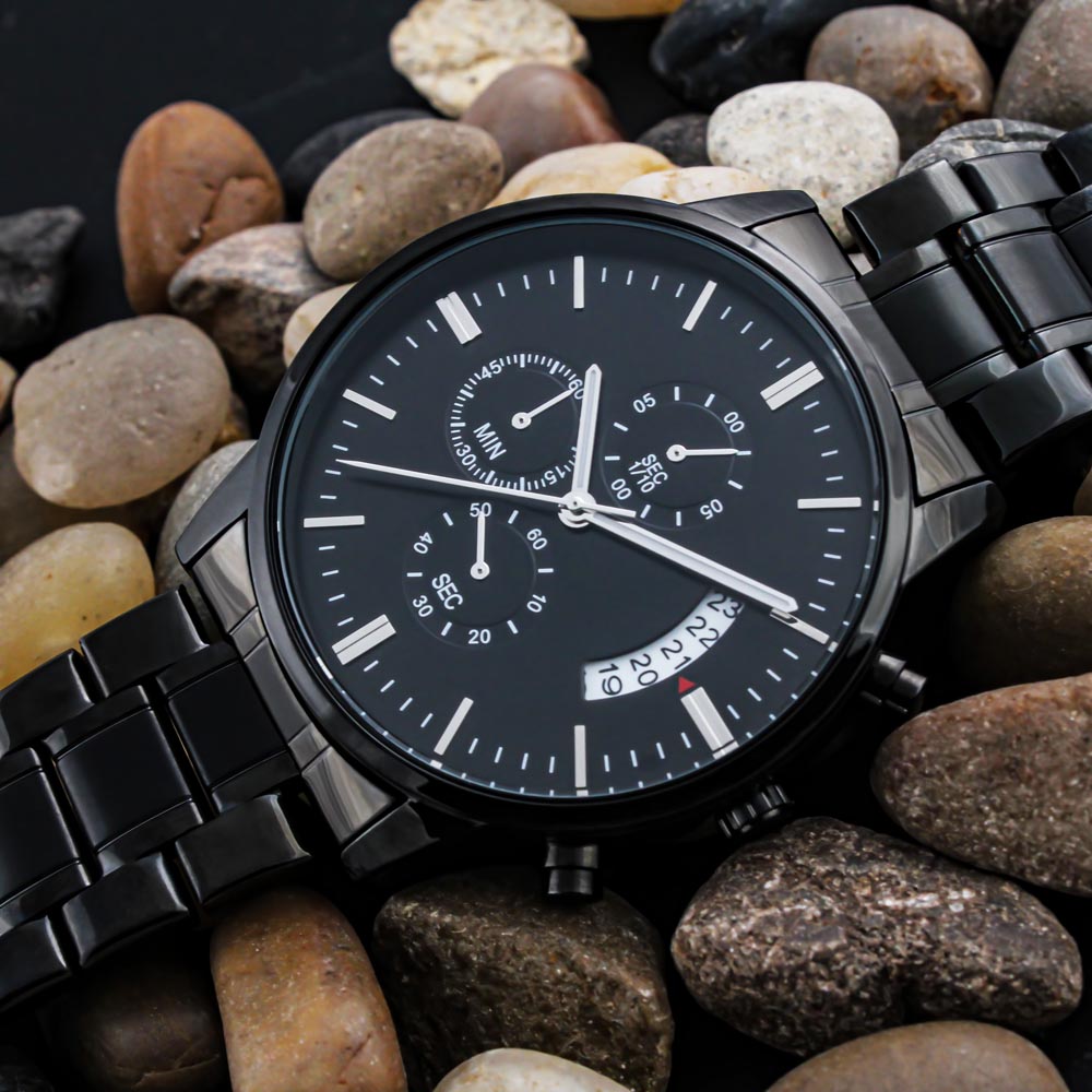 Black Chronograph Watch with Engraving