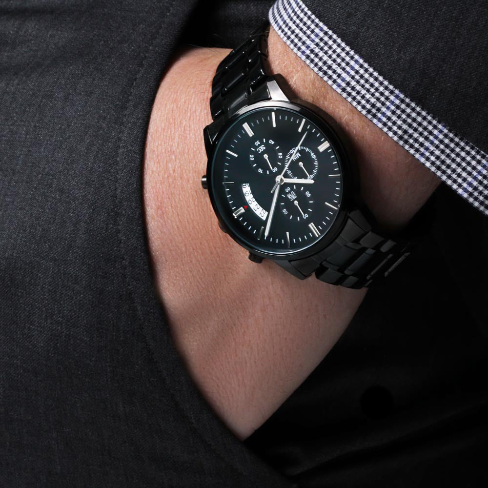 Black Chronograph Watch with Engraving