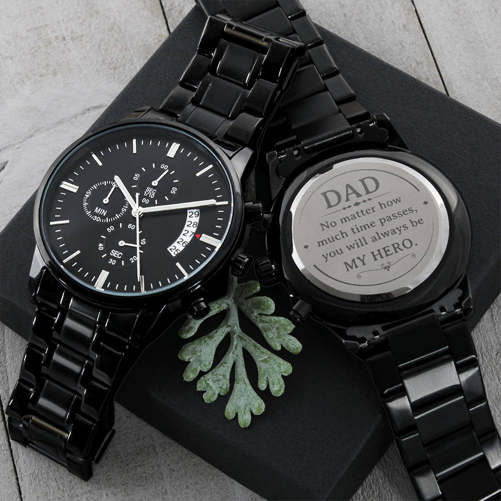 Black Chronograph Watch with Engraving