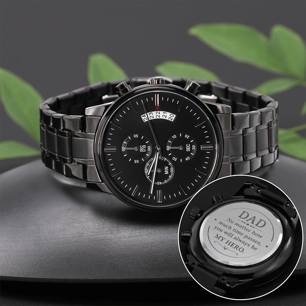Black Chronograph Watch with Engraving