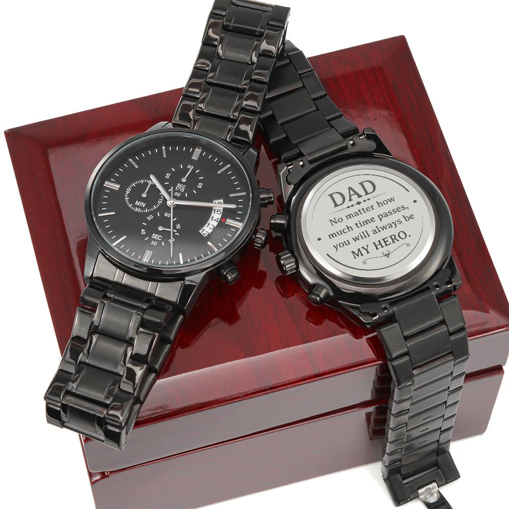 Black Chronograph Watch with Engraving