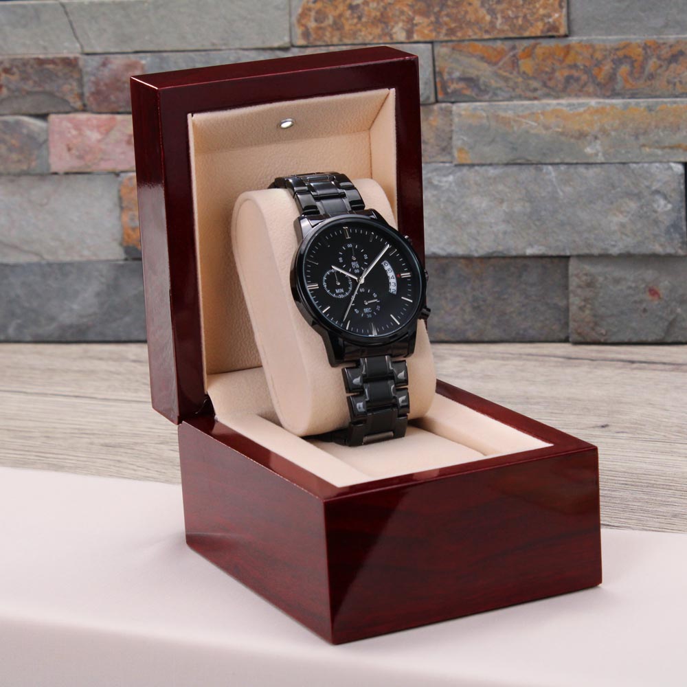 Black Chronograph Watch with Engraving