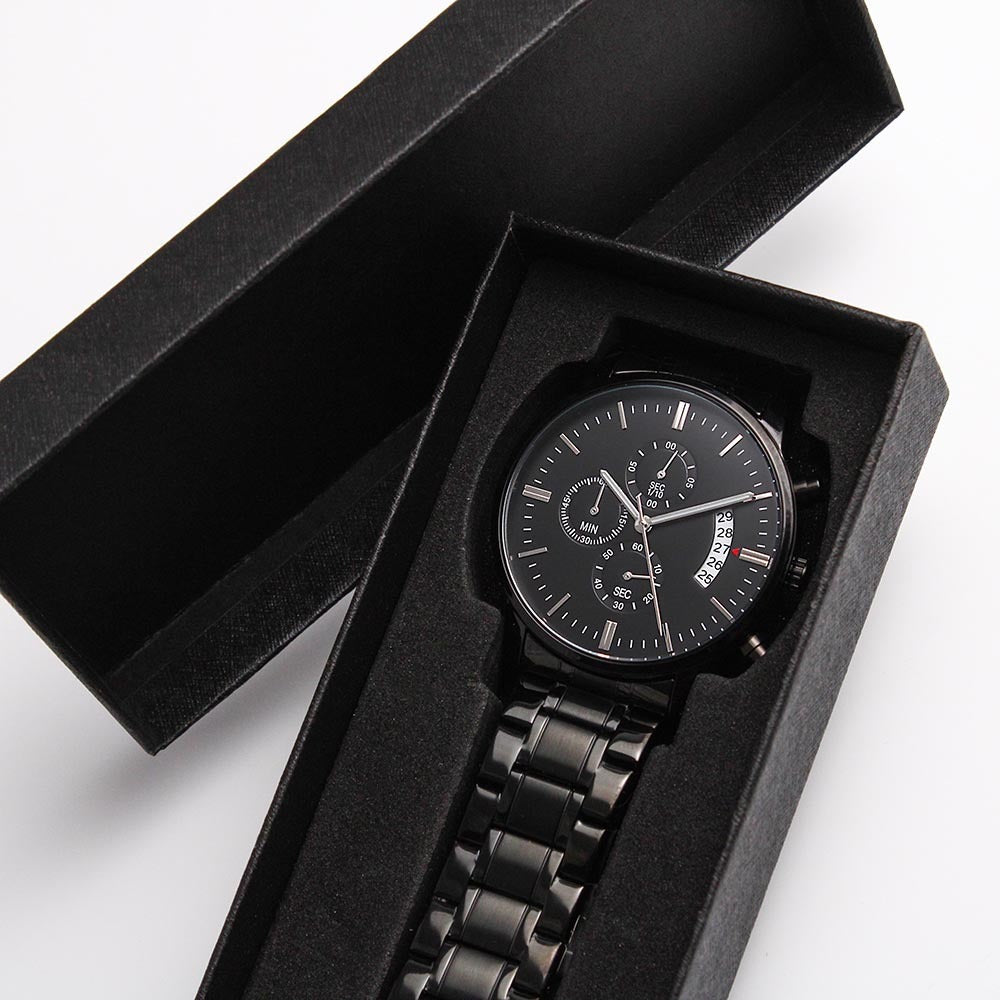 Black Chronograph Watch with Engraving