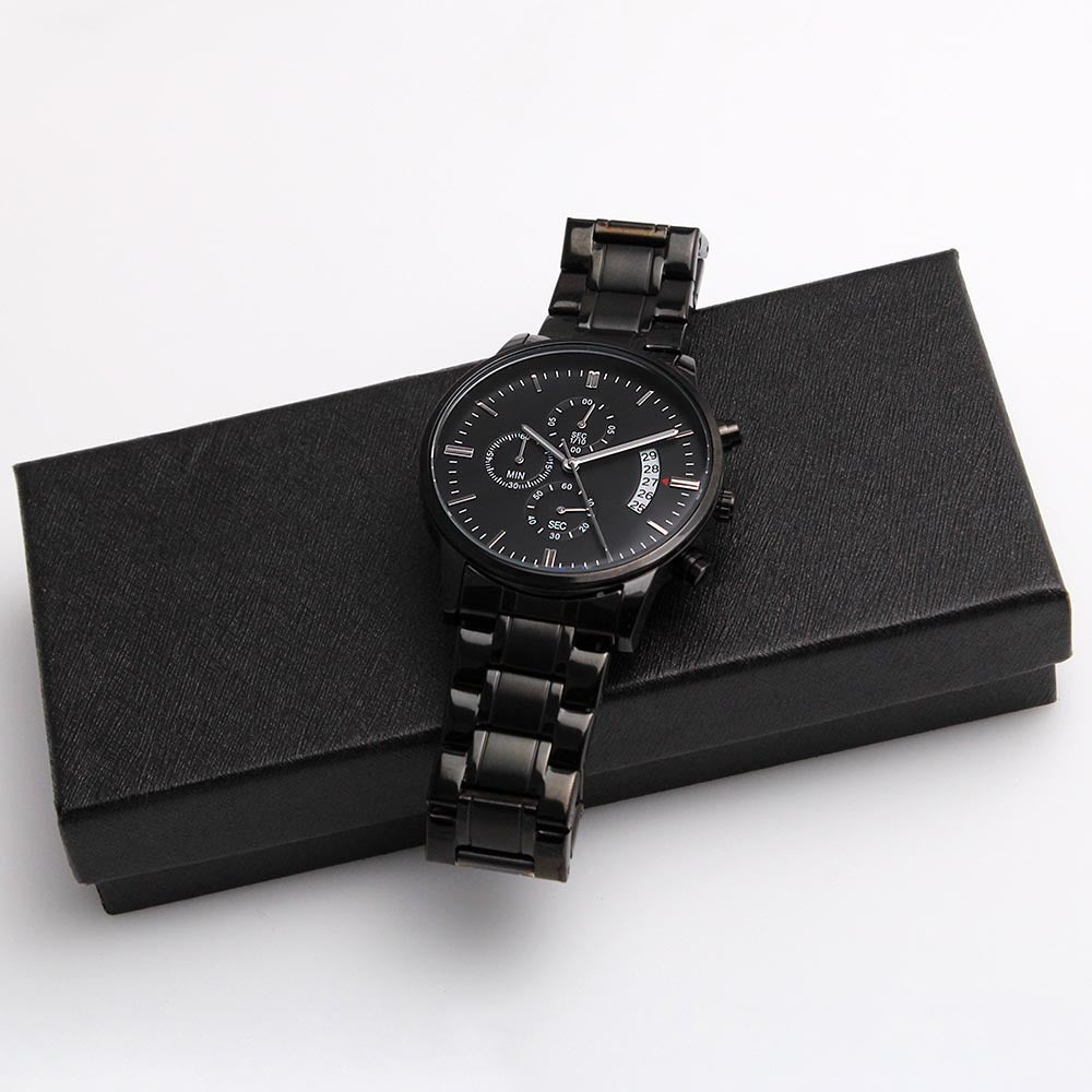Black Chronograph Watch with Engraving