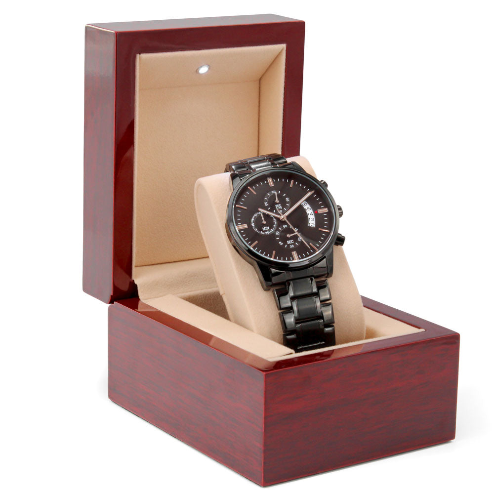 Black Chronograph Watch with Engraving