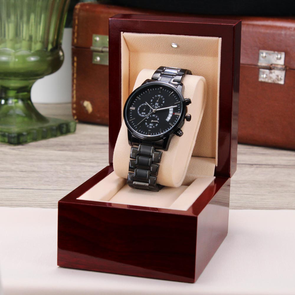 Black Chronograph Watch with Engraving