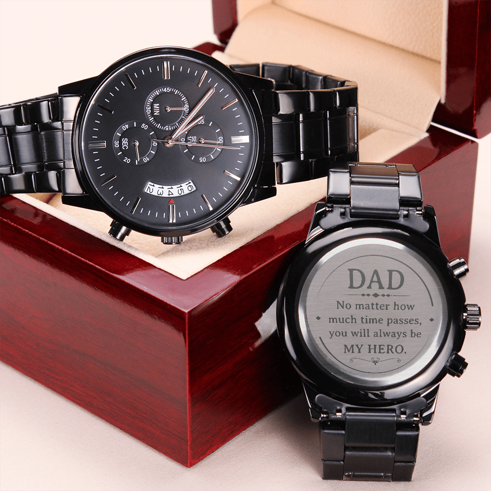 Black Chronograph Watch with Engraving